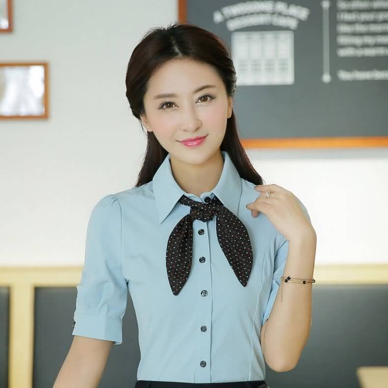 韩版蓝色泡泡袖女式衬衫